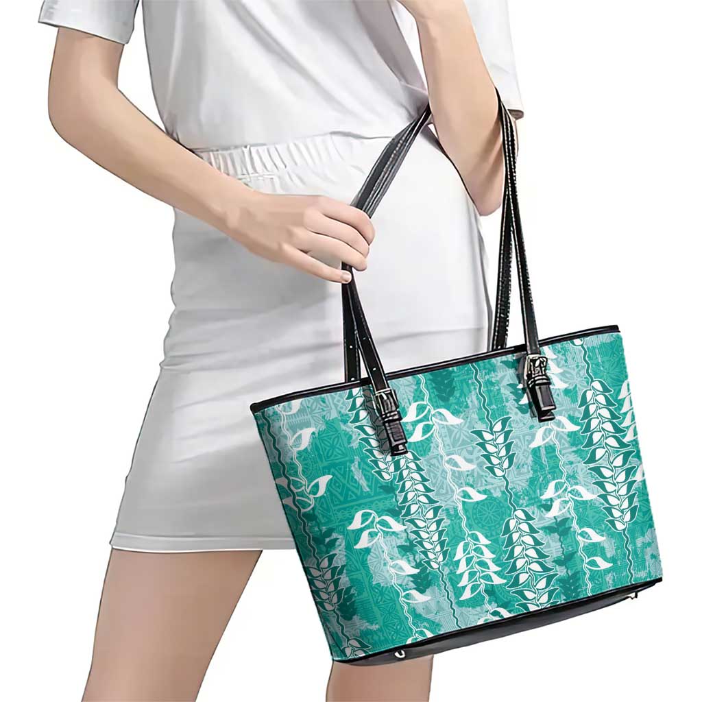 Teal Hawaii Tapa Pattern Leather Tote Bag With Heliconia Vintage Style