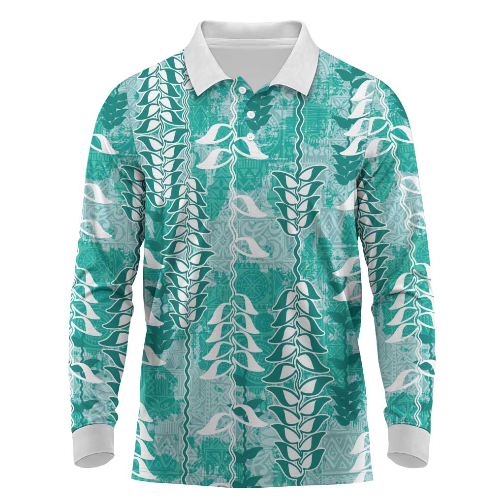 Teal Hawaii Tapa Pattern Long Sleeve Polo Shirt With Heliconia Vintage Style