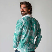 Teal Hawaii Tapa Pattern Long Sleeve Polo Shirt With Heliconia Vintage Style
