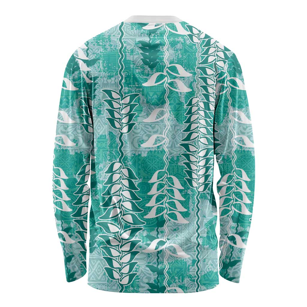 Teal Hawaii Tapa Pattern Long Sleeve Shirt With Heliconia Vintage Style LT05 - Polynesian Pride