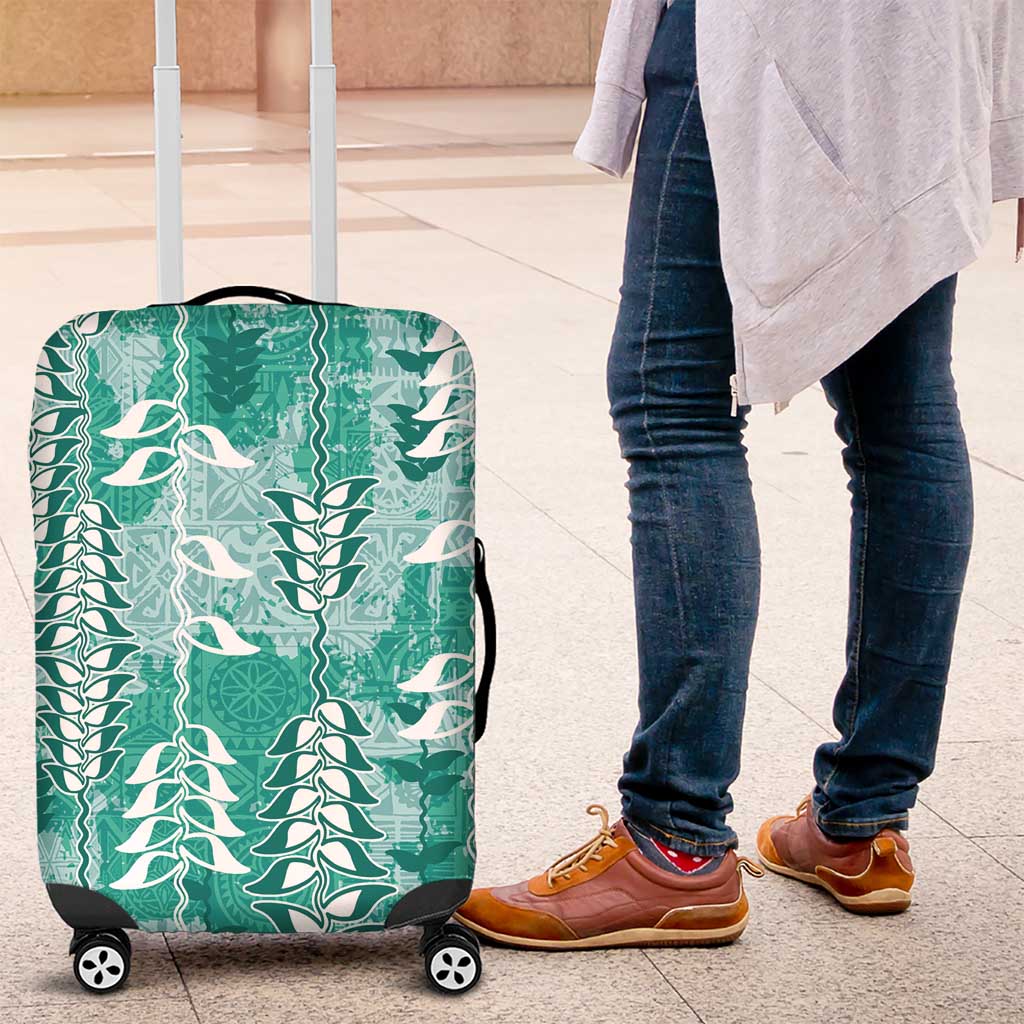 Teal Hawaii Tapa Pattern Luggage Cover With Heliconia Vintage Style