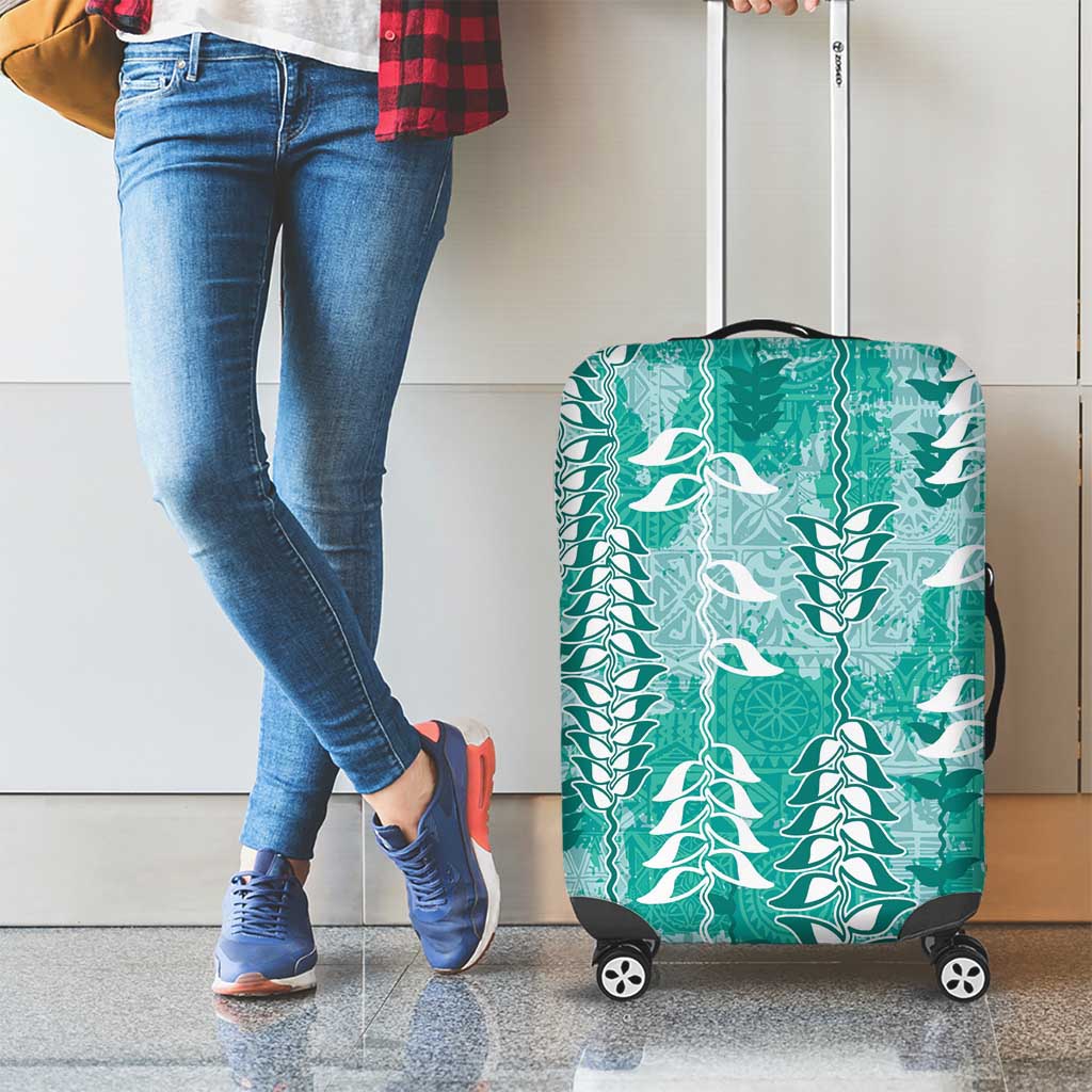 Teal Hawaii Tapa Pattern Luggage Cover With Heliconia Vintage Style