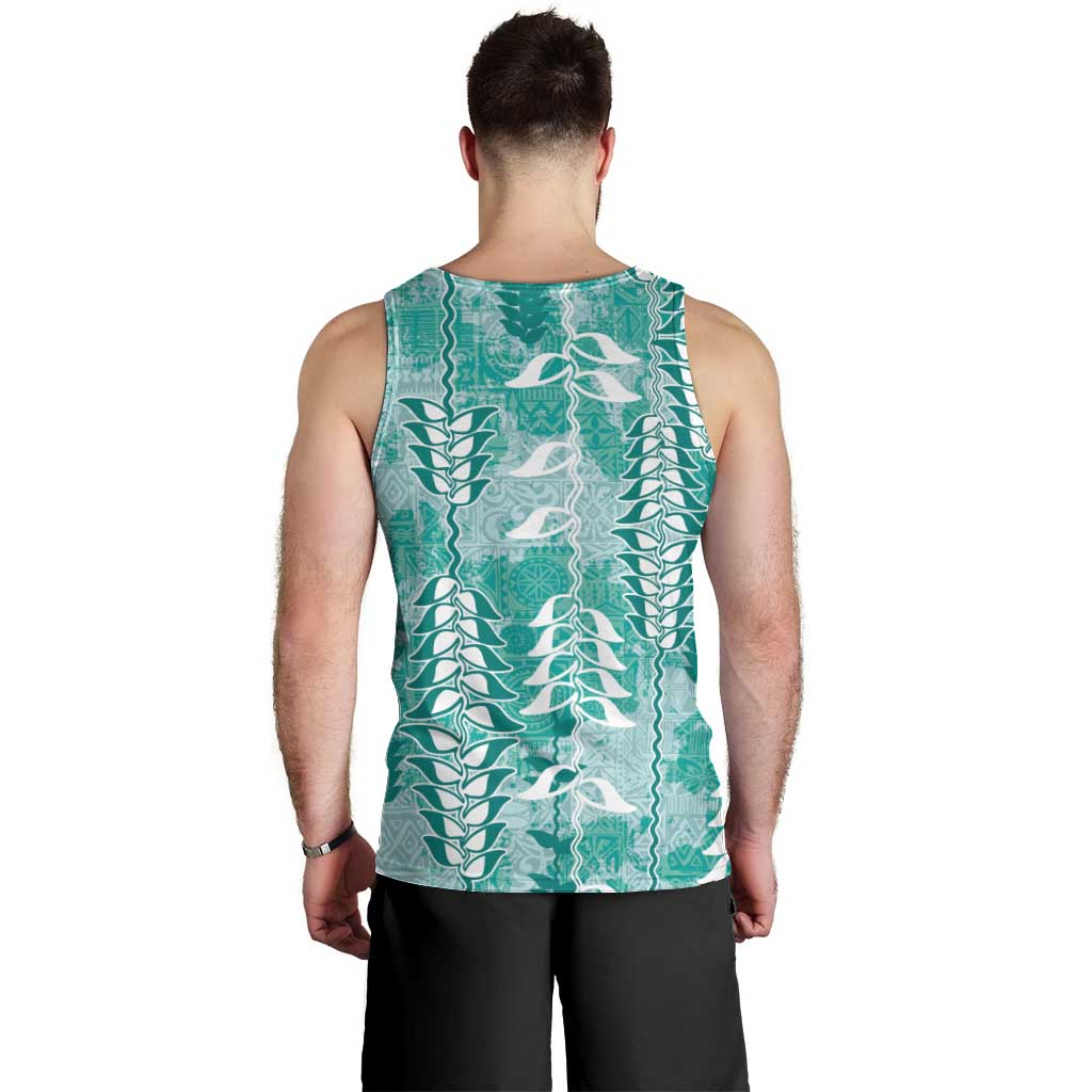 Teal Hawaii Tapa Pattern Men Tank Top With Heliconia Vintage Style