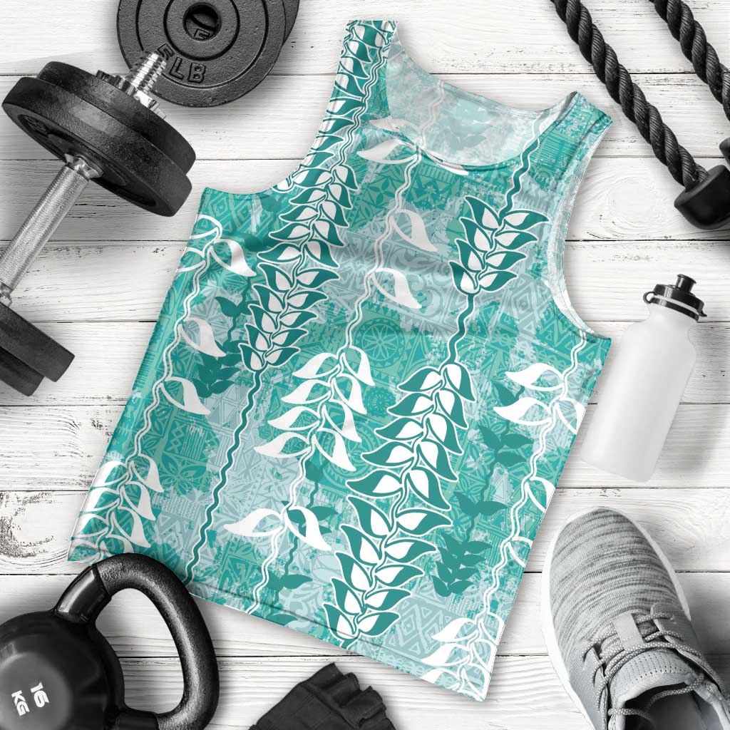 Teal Hawaii Tapa Pattern Men Tank Top With Heliconia Vintage Style