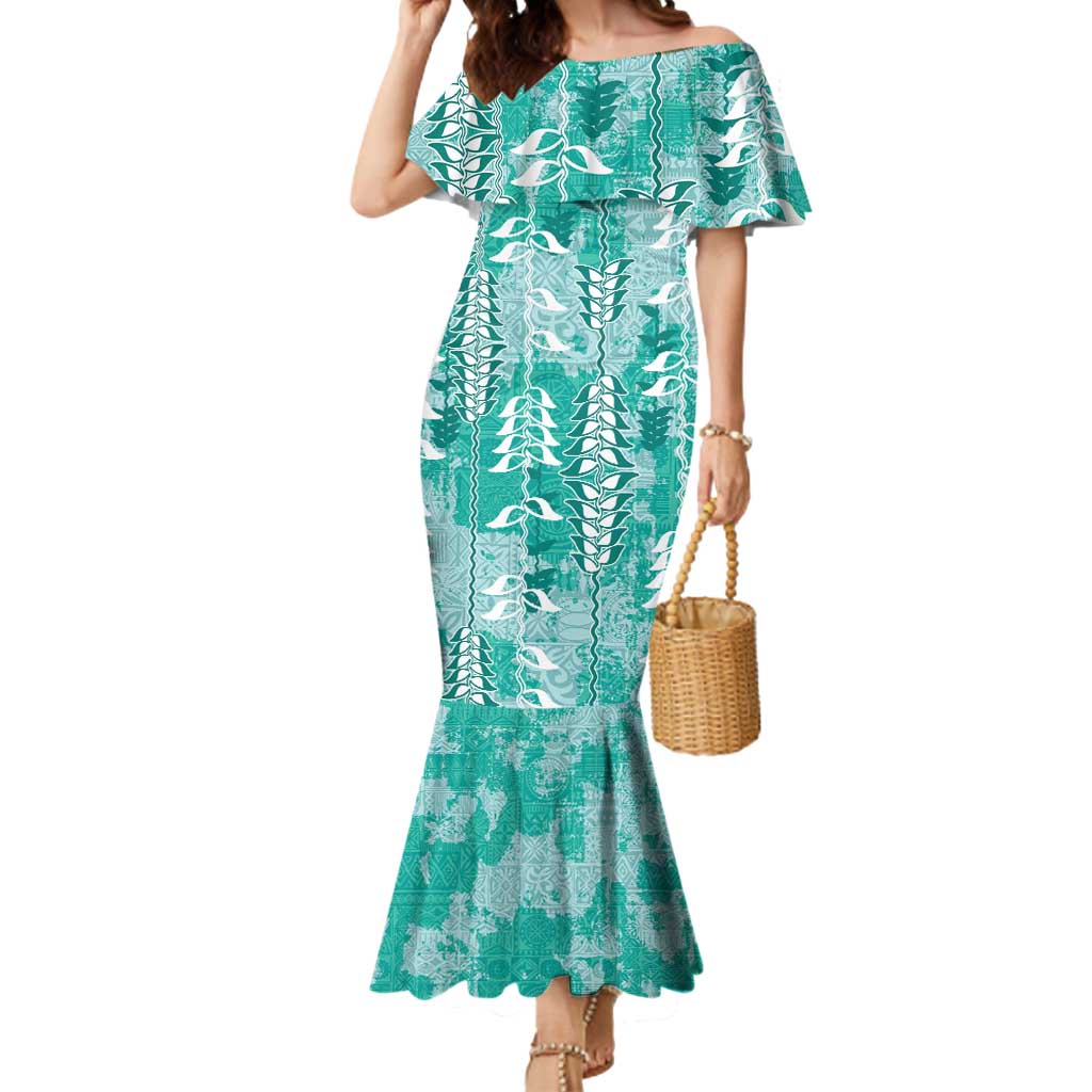 Teal Hawaii Tapa Pattern Mermaid Dress With Heliconia Vintage Style