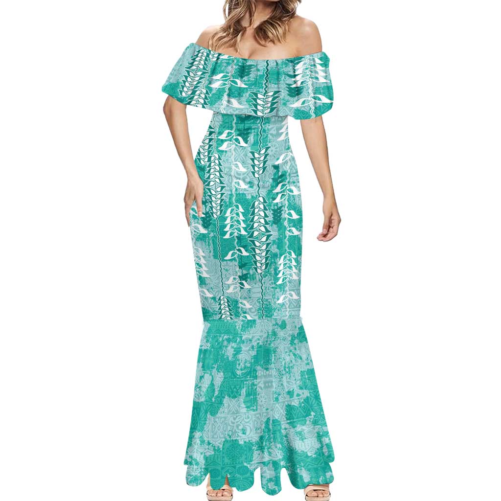 Teal Hawaii Tapa Pattern Mermaid Dress With Heliconia Vintage Style