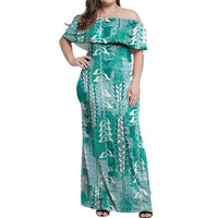 Teal Hawaii Tapa Pattern Off Shoulder Maxi Dress With Heliconia Vintage Style