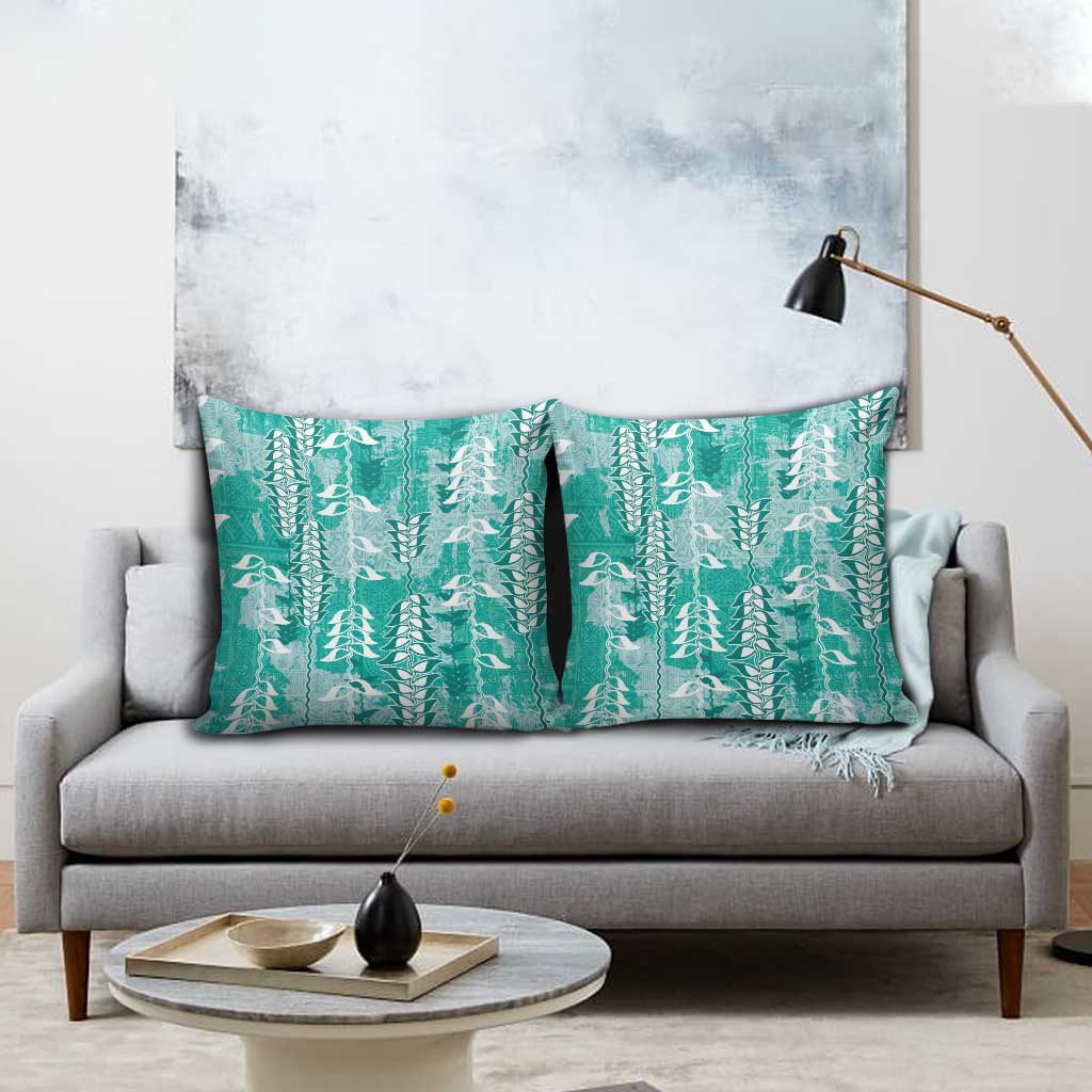 Teal Hawaii Tapa Pattern Pillow Cover With Heliconia Vintage Style