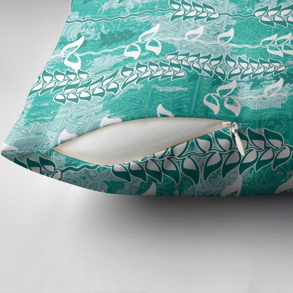 Teal Hawaii Tapa Pattern Pillow Cover With Heliconia Vintage Style