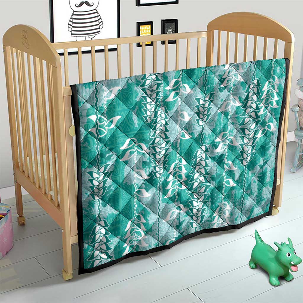 Teal Hawaii Tapa Pattern Quilt With Heliconia Vintage Style