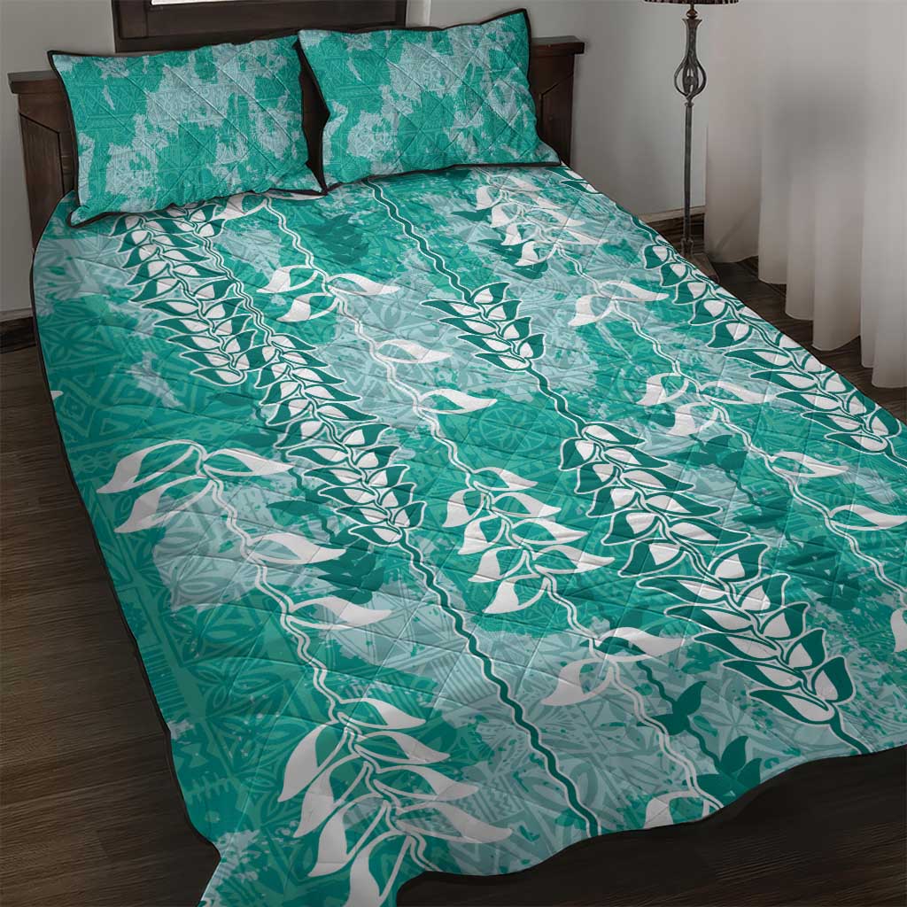 Teal Hawaii Tapa Pattern Quilt Bed Set With Heliconia Vintage Style