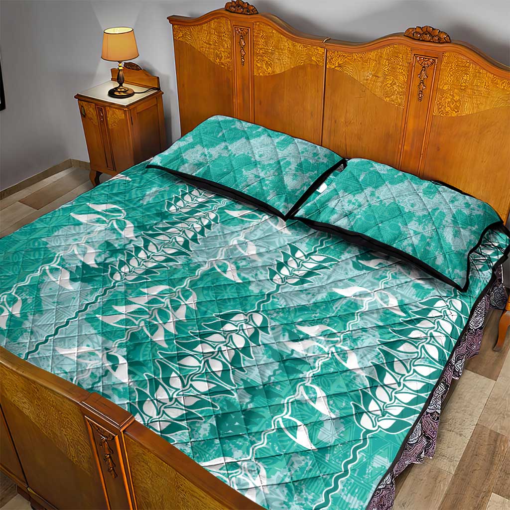 Teal Hawaii Tapa Pattern Quilt Bed Set With Heliconia Vintage Style