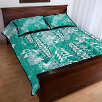 Teal Hawaii Tapa Pattern Quilt Bed Set With Heliconia Vintage Style