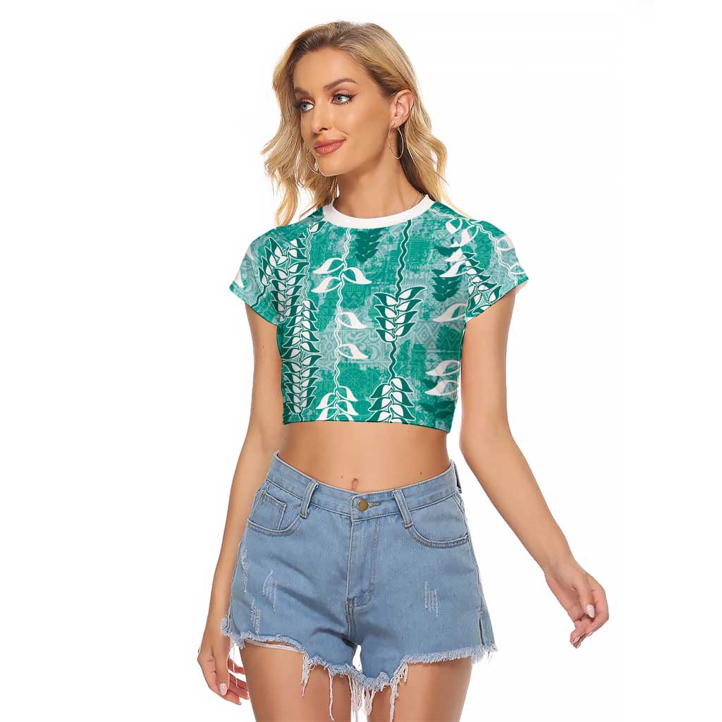 Teal Hawaii Tapa Pattern Raglan Cropped T Shirt With Heliconia Vintage Style