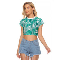 Teal Hawaii Tapa Pattern Raglan Cropped T Shirt With Heliconia Vintage Style