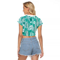 Teal Hawaii Tapa Pattern Raglan Cropped T Shirt With Heliconia Vintage Style