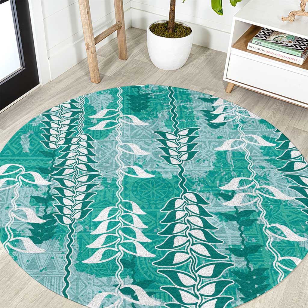 Teal Hawaii Tapa Pattern Round Carpet With Heliconia Vintage Style