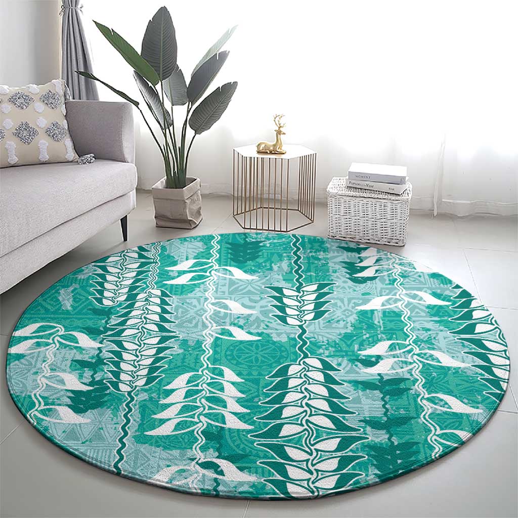 Teal Hawaii Tapa Pattern Round Carpet With Heliconia Vintage Style