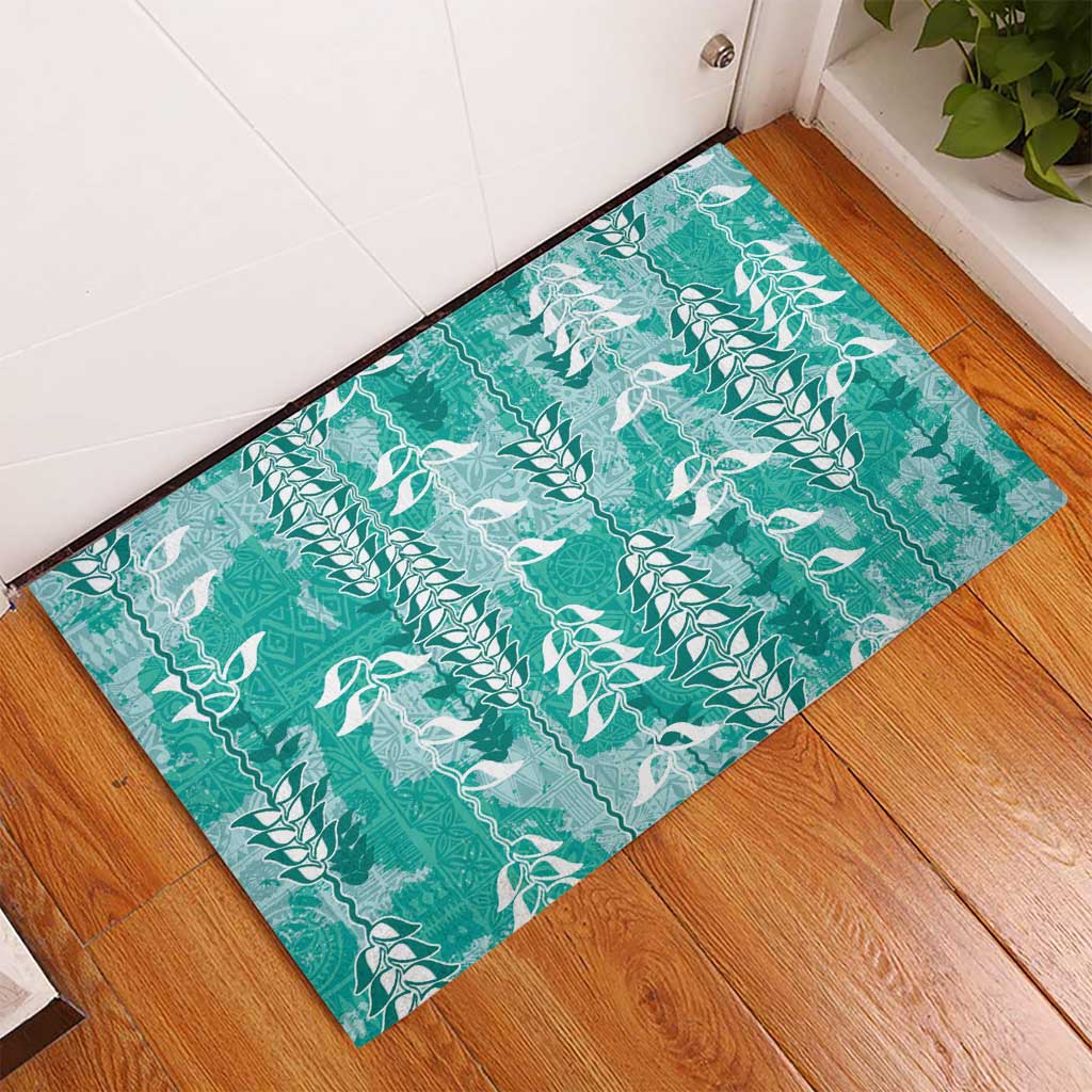Teal Hawaii Tapa Pattern Rubber Doormat With Heliconia Vintage Style