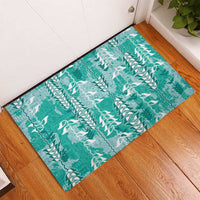 Teal Hawaii Tapa Pattern Rubber Doormat With Heliconia Vintage Style
