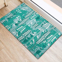 Teal Hawaii Tapa Pattern Rubber Doormat With Heliconia Vintage Style