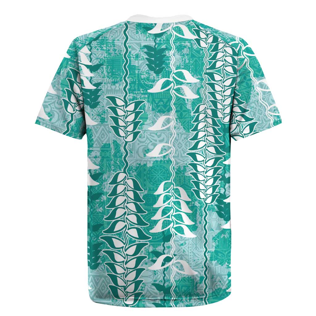 Teal Hawaii Tapa Pattern Rugby Jersey With Heliconia Vintage Style