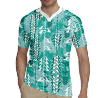 Teal Hawaii Tapa Pattern Rugby Jersey With Heliconia Vintage Style