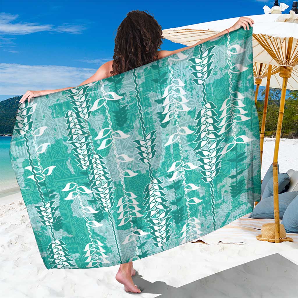 Teal Hawaii Tapa Pattern Sarong With Heliconia Vintage Style