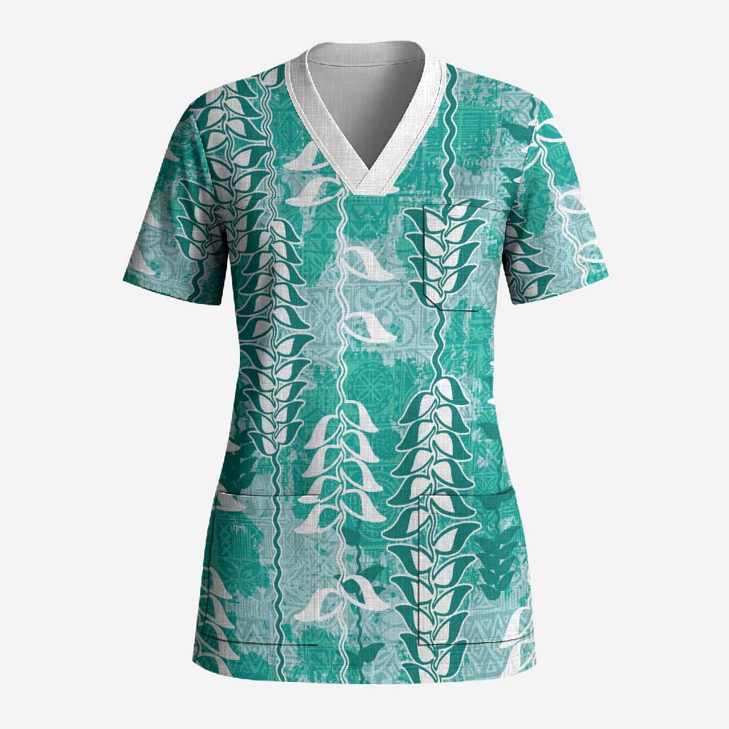 Teal Hawaii Tapa Pattern Scrub Top With Heliconia Vintage Style