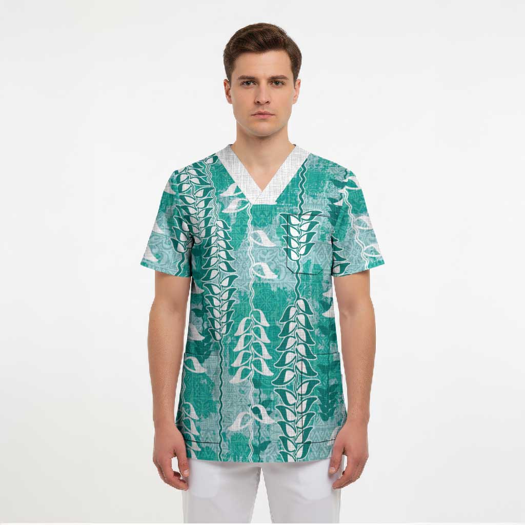 Teal Hawaii Tapa Pattern Scrub Top With Heliconia Vintage Style