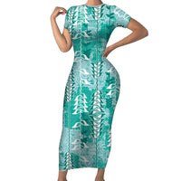 Teal Hawaii Tapa Pattern Short Sleeve Bodycon Dress With Heliconia Vintage Style