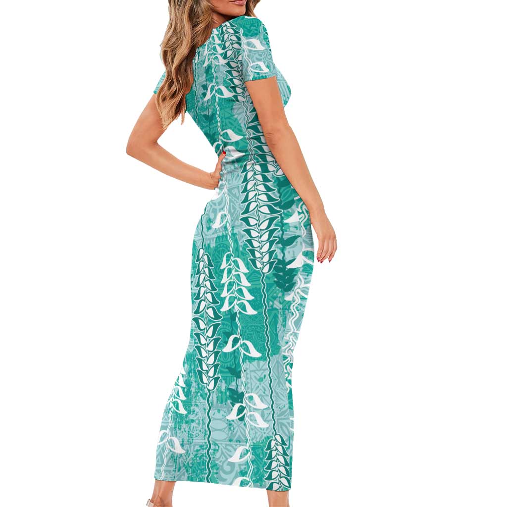 Teal Hawaii Tapa Pattern Short Sleeve Bodycon Dress With Heliconia Vintage Style
