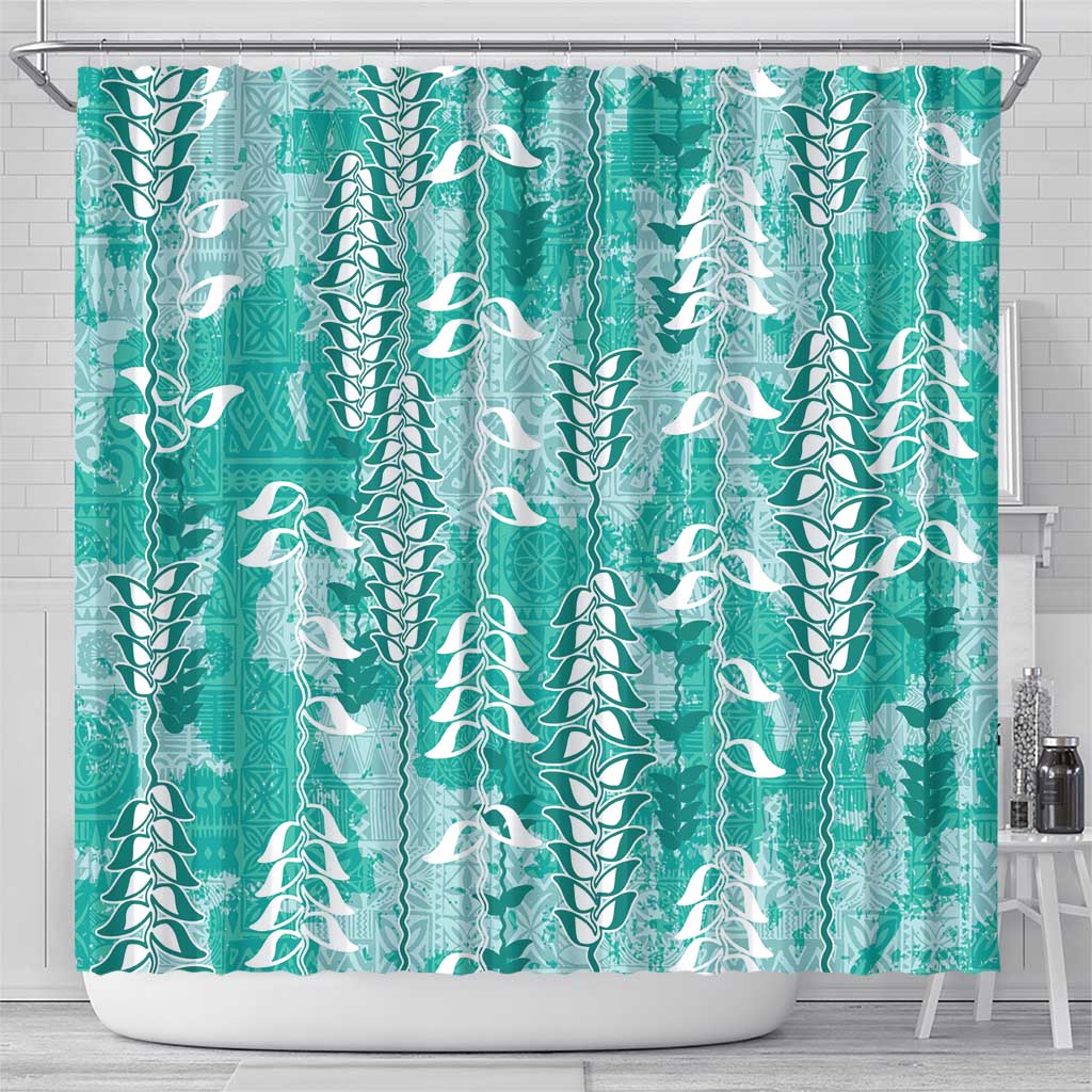 Teal Hawaii Tapa Pattern Shower Curtain With Heliconia Vintage Style