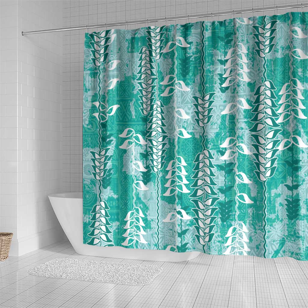 Teal Hawaii Tapa Pattern Shower Curtain With Heliconia Vintage Style