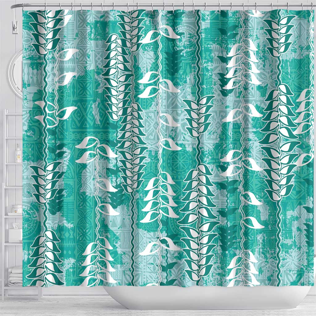 Teal Hawaii Tapa Pattern Shower Curtain With Heliconia Vintage Style