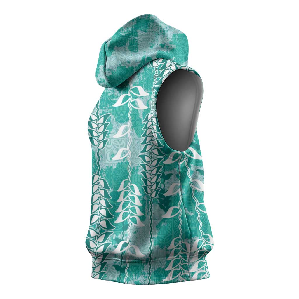 Teal Hawaii Tapa Pattern Sleeveless Hoodie With Heliconia Vintage Style