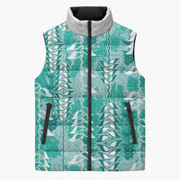 Teal Hawaii Tapa Pattern Sleeveless Puffer Jacket With Heliconia Vintage Style
