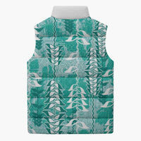 Teal Hawaii Tapa Pattern Sleeveless Puffer Jacket With Heliconia Vintage Style