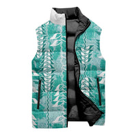 Teal Hawaii Tapa Pattern Sleeveless Puffer Jacket With Heliconia Vintage Style
