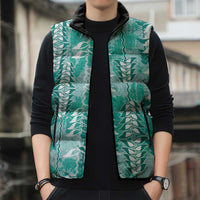 Teal Hawaii Tapa Pattern Sleeveless Puffer Jacket With Heliconia Vintage Style