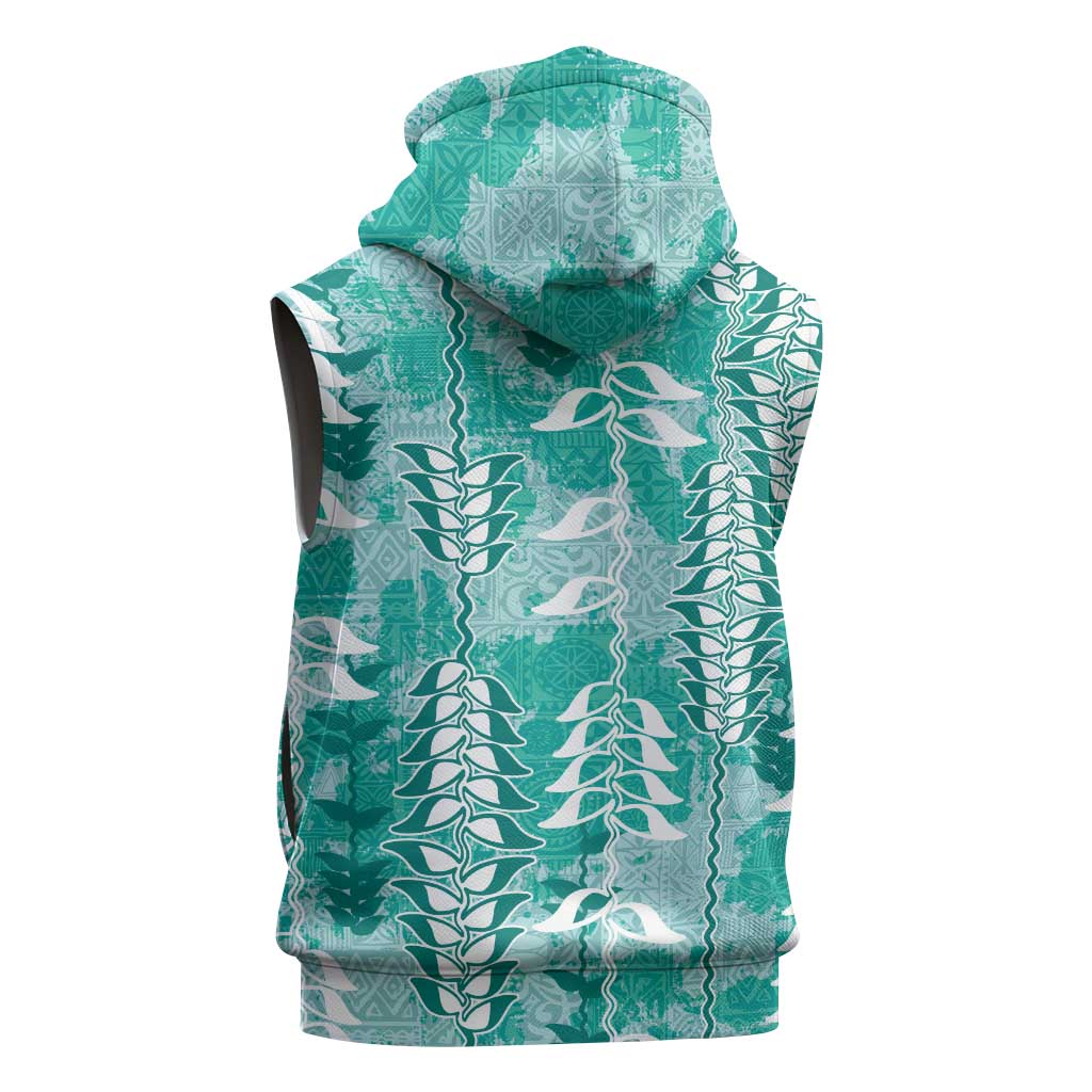Teal Hawaii Tapa Pattern Sleeveless Zip Hoodie With Heliconia Vintage Style