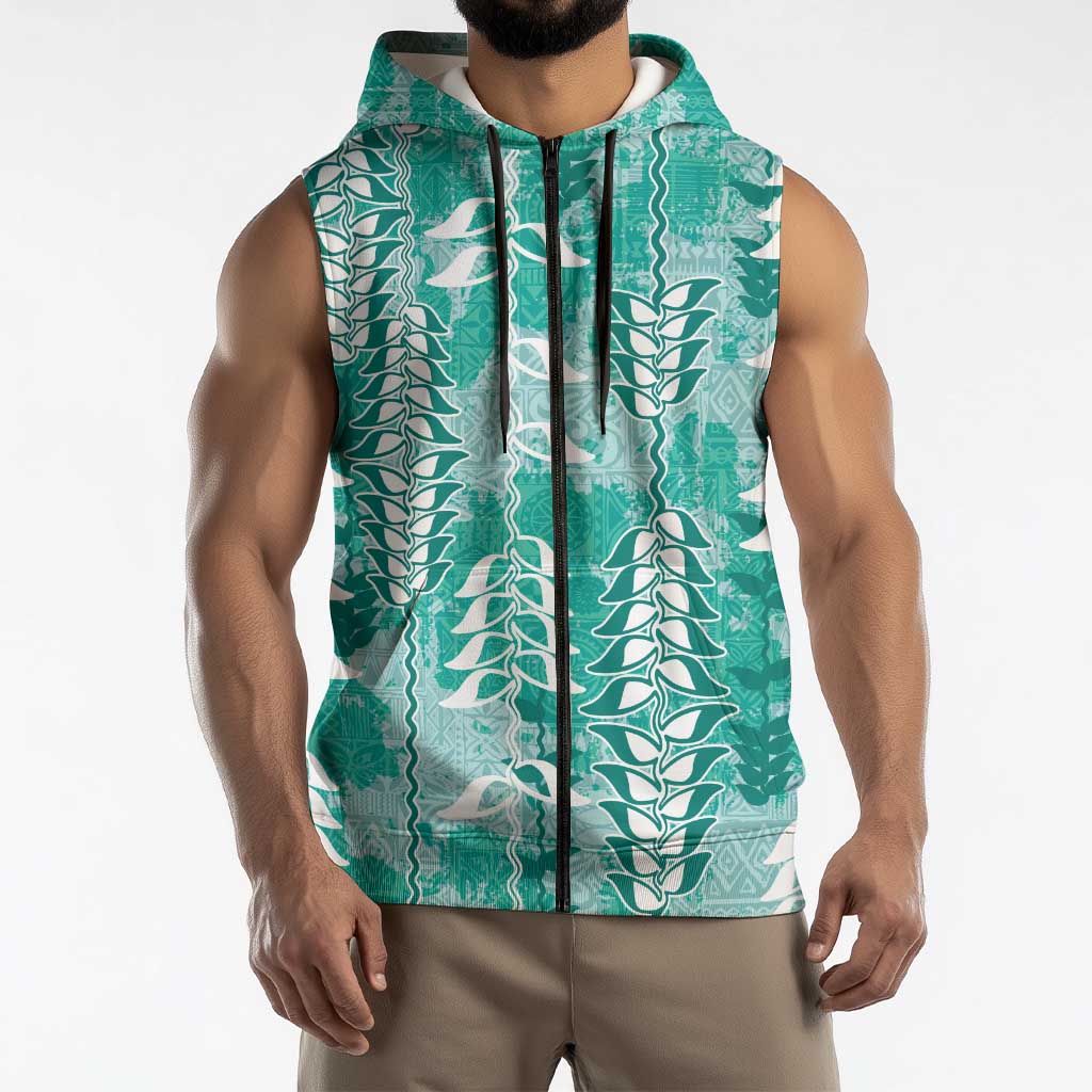 Teal Hawaii Tapa Pattern Sleeveless Zip Hoodie With Heliconia Vintage Style