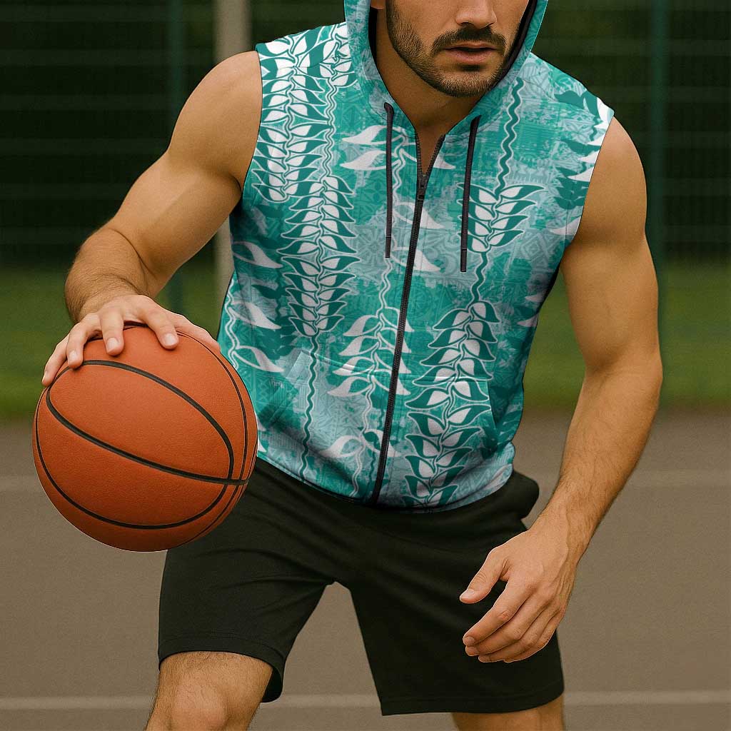 Teal Hawaii Tapa Pattern Sleeveless Zip Hoodie With Heliconia Vintage Style