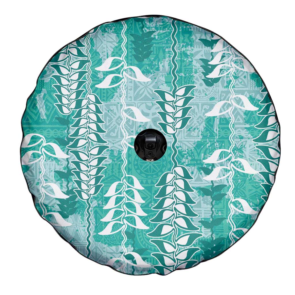 Teal Hawaii Tapa Pattern Spare Tire Cover With Heliconia Vintage Style