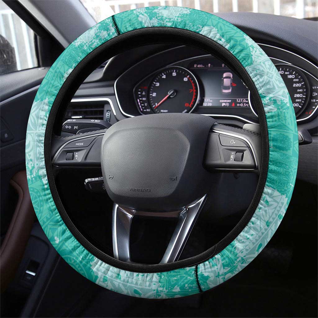 Teal Hawaii Tapa Pattern Steering Wheel Cover With Heliconia Vintage Style