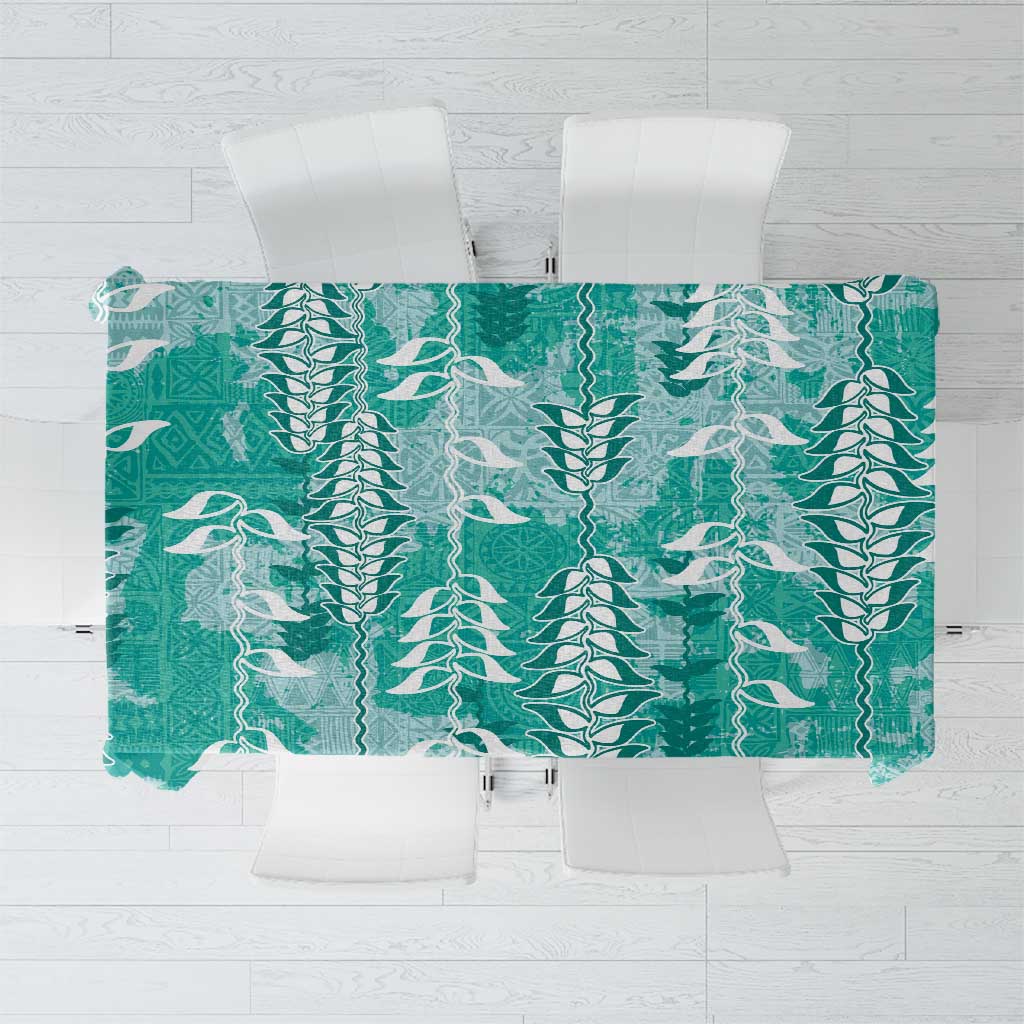 Teal Hawaii Tapa Pattern Tablecloth With Heliconia Vintage Style