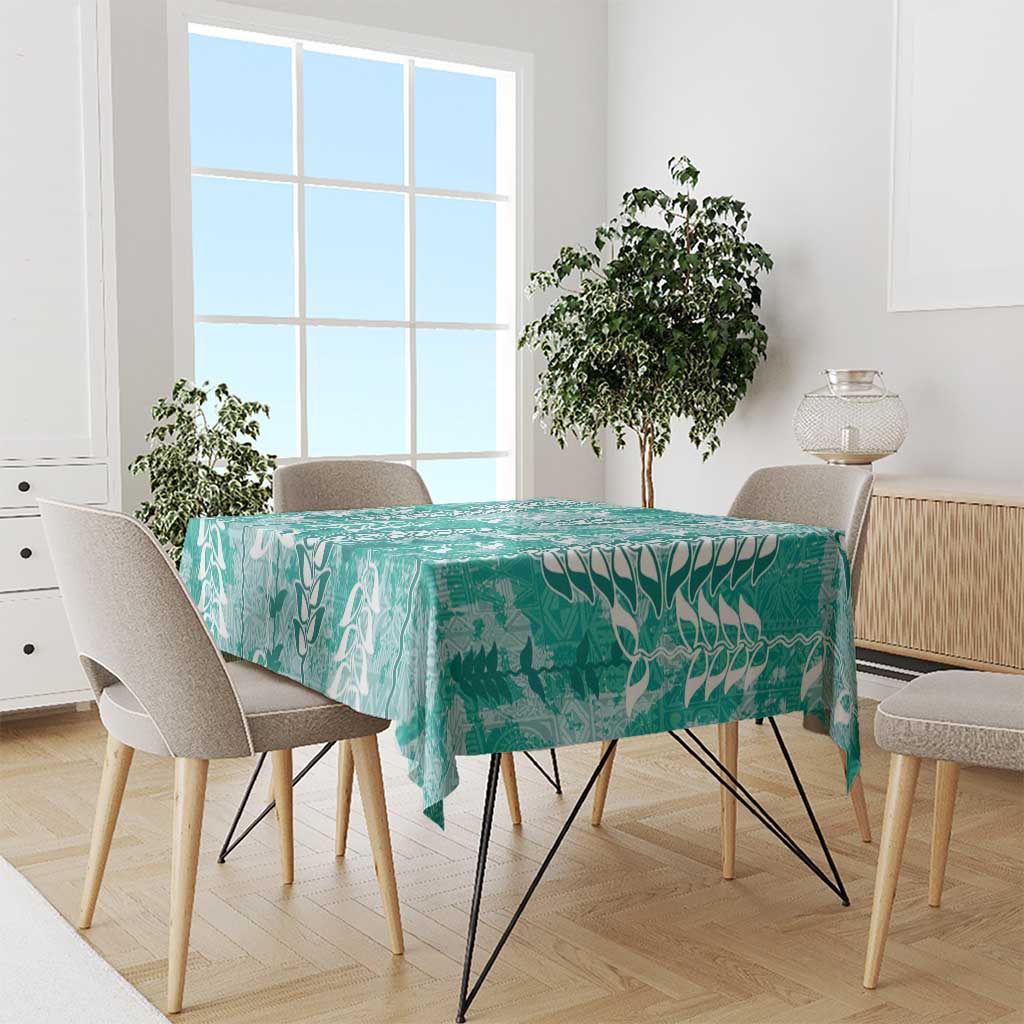 Teal Hawaii Tapa Pattern Tablecloth With Heliconia Vintage Style