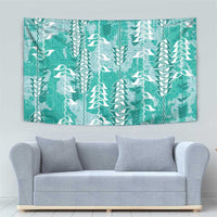 Teal Hawaii Tapa Pattern Tapestry With Heliconia Vintage Style