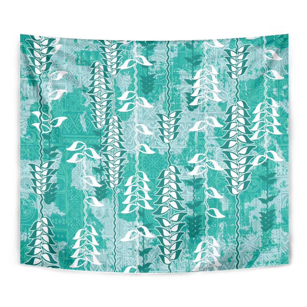 Teal Hawaii Tapa Pattern Tapestry With Heliconia Vintage Style