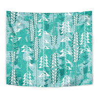 Teal Hawaii Tapa Pattern Tapestry With Heliconia Vintage Style